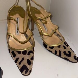Manolo Blahnik Gold Strappy Leopard-Print Pointed Pumps